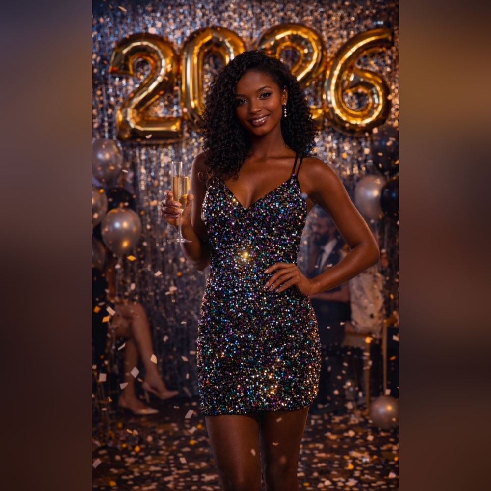 Pear Culture multi-color, sequin, tie back mini dress